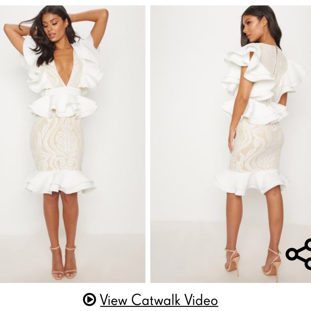 White plunge ruffle midi dress